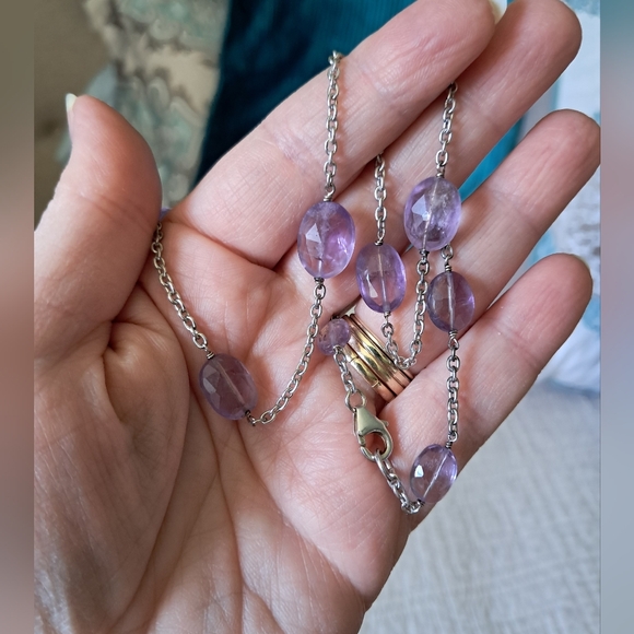 Sterling Silver Hallmarked Amethyst Cable Chain Station Necklace - Picture 5 of 7